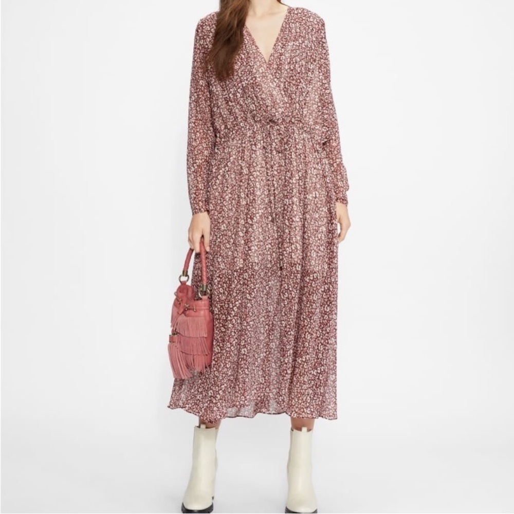 Nwt Ted Baker Vallyy Pink Leopard Print Bohemian Long Sleeve Midi Dress 6